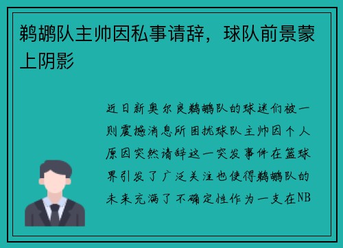 鹈鹕队主帅因私事请辞，球队前景蒙上阴影